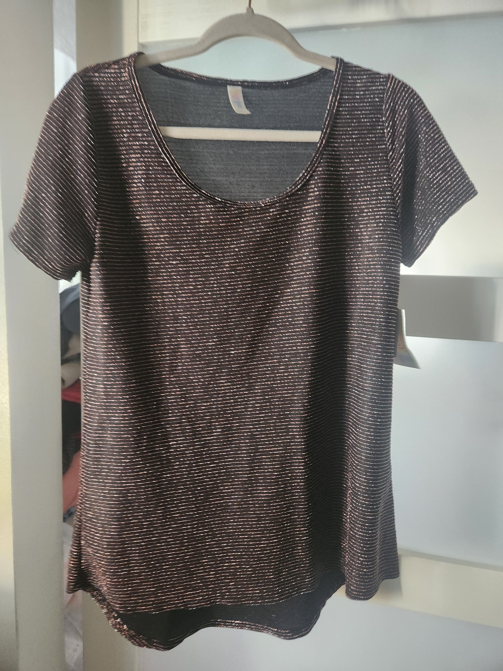 LuLaRoe Metallic Black & Silver Striped Short Sleeve Scoop Top